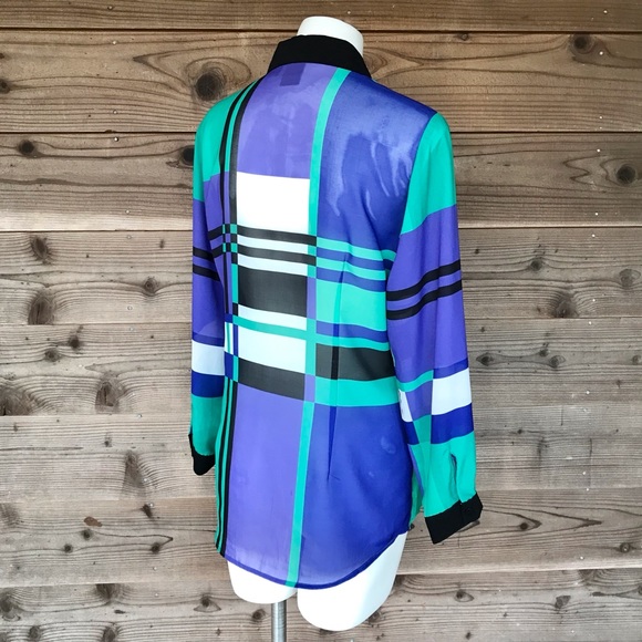 SOLO Moda Sheer Color Block Long Sleeve Button Down Blouse Size 6 - Picture 5 of 13